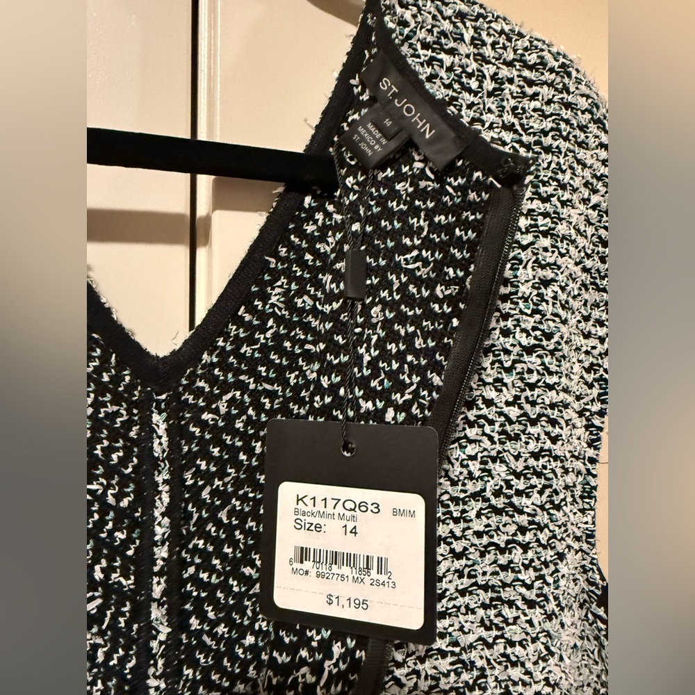 NWT St. JOHN Size 14 Multi Black White Mint Cap Sleeve V-Neck Dress Empire Waist - Picture 7 of 16